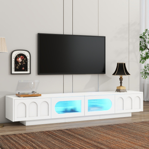 OE HOME Mid-Century Modern TV Stand Fluted Tempered Glass <b>Doors</b> Adjustable Storage APP-Controlled LED <b>Light</b> White for Living - Product Image 1