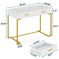 Grand bureau d'ordinateur extensible en bois avec 2 tiroirs, table d'étude moderne blanche avec métal doré