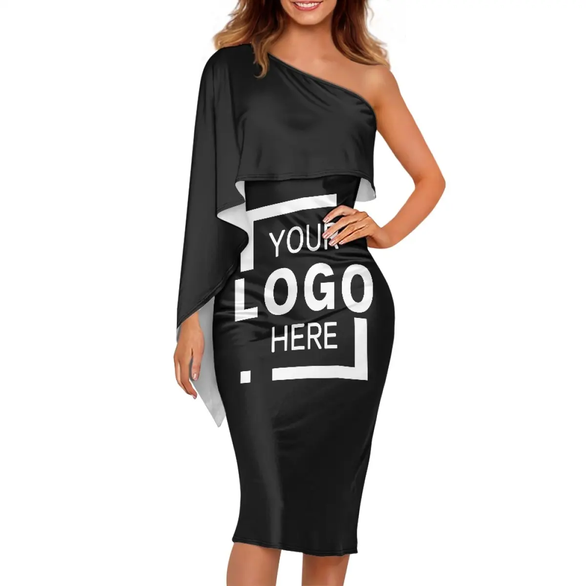 Producto de diseño único Vestido ajustado de un hombro Estampado a pedido Vestido de mujer elegante y glamuroso con medio chal y cubierta de cadera