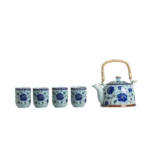 Bule de chá azul e branco de porcelana, conjunto de 4 copos, chaleira grande com infusor de aço inoxidável, decoração de mesa de cerâmica