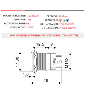Stainless Steel & Plastic <b>Push</b> <b>Button</b> Emergency Stop <b>Switch</b> 20A IP65/IP67 1NO for Industrial Applications - Product Image 2