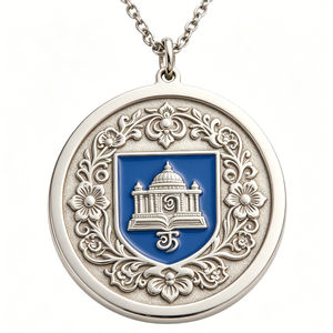 Médaille circulaire plaquée argent avec bouclier en émail bleu et motif floral pour l'occasion de remise des diplômes - Product Image 3
