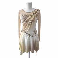 Robe de patinage et de danse dégradé beige et blanc, manches longues en maille, strass et feuilles d'or pour enfants et adultes, compétition et performance
