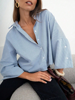 Chemisier en jean rayé pour femme, coupe oversize, court, épaules tombantes, manches trois-quarts, col boutonné, décontracté, style navetteur
