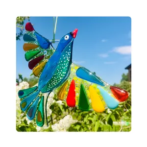 Coxim de sol em vidro fundido em forma de pássaro azul para decoração de casa, artesanato em vidro fundido personalizado de fábrica para paredes e janelas