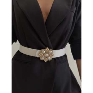 Cinturón de mujer con adornos de perlas, cinturón de boda de poliéster blanco, ajuste estándar - Product Image 3