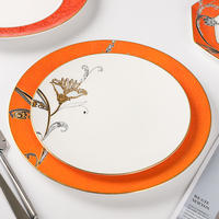 Service de table P&T en porcelaine fine, motif floral argenté avec bordure orange, luxe, 16 pièces