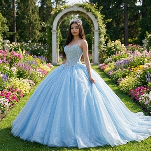 Dy1523 Robe de mariée exquise bleu ciel, ornée de perles faites main, corsage en treillis, robe de bal de princesse scintillante, traîne chapelle pour cérémonie nuptiale - Product Image 1
