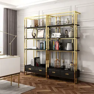 Modern Light Luxury Simple Glass Bookshelf Living Room Study Furniture Fashion Stainless Steel Bookcase With Drawers