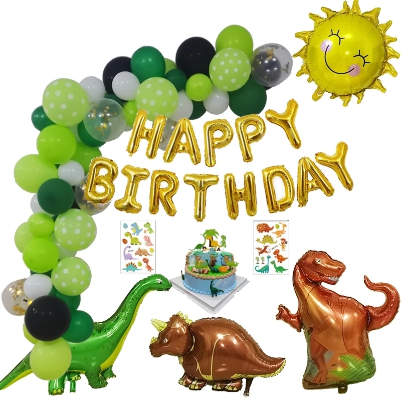 Decoración Cumpleaños Dinosaurios 3 Años - Globos Metálicos, Banderines, Temática Café Y Oro