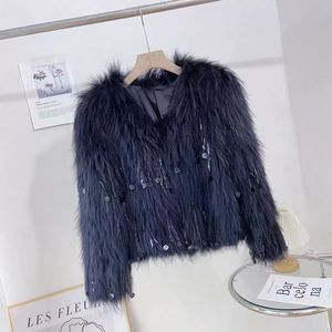 Chaqueta de Piel de Mapache Negra Carbón a la Moda con Borlas, Abrigo de Piel Genuina, Chaqueta Corta Elegante para Fiesta, Estilo Boutique - Product Image 1
