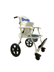 Silla de Ducha Multifuncional con Ruedas y Marco de Acero Blanco, Respaldo Acolchado Azul y Reposapiés Abatible - Product Image 3