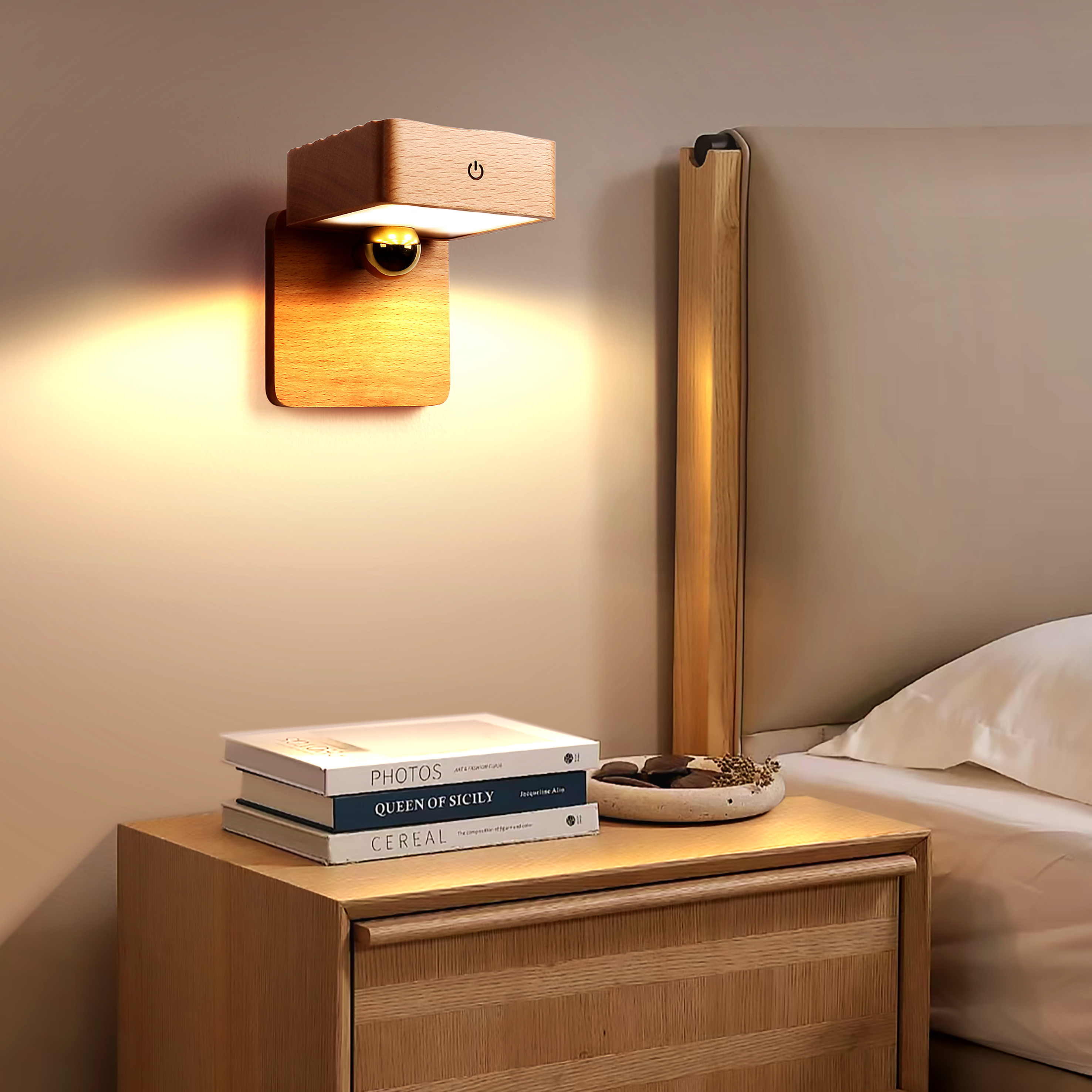 USB Rechargeable LED Night Light Modern Wooden Sensor Design for Bedroom Bedside Tables Picture Frames Indoor Wall Lamps