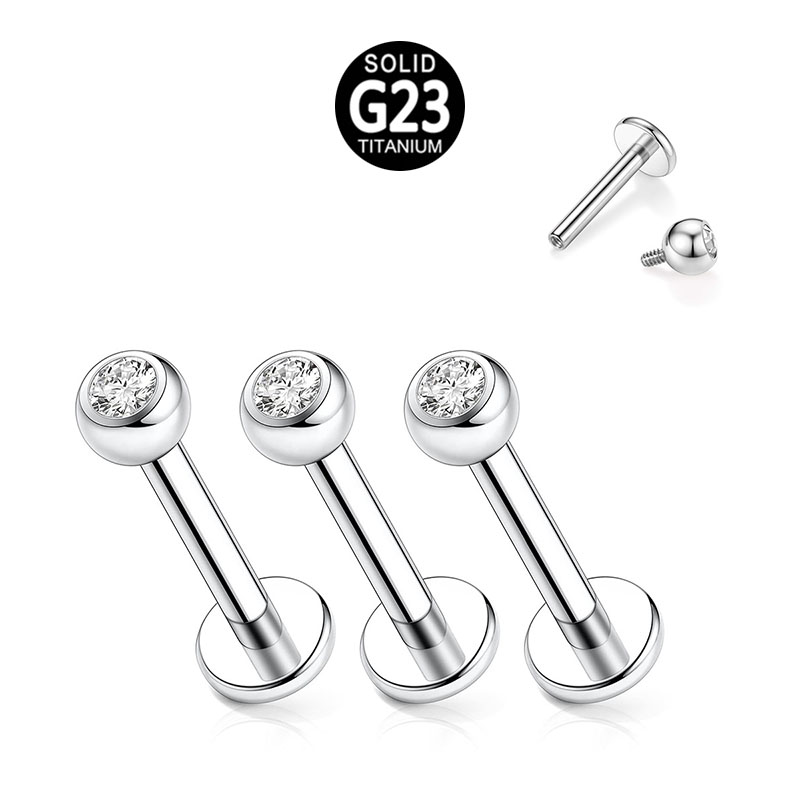 Brincos de piercing de titânio ASTM F136 G23 CZ com fio interno para joias com pedras preciosas e pontas labrets com costas planas