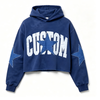 Felpa con Cappuccio Unisex Vintage Blu con Grafica, Vestibilità Oversize, in Cotone Pesante, Stile Streetwear con Stampa Patch a Stella e Ricamo 3D, Taglia XL