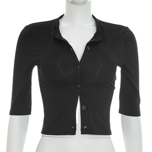Viviblook Y26TP222 Women's Summer T-shirt New Arrival Simple Solid Color Buttoned <b>Crop</b> <b>Top</b> for Ladies - Product Image 1
