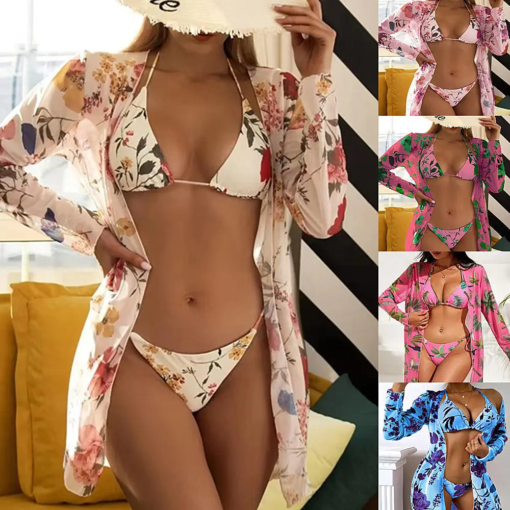 2024 New Hot Swimsuit Cover Up Sexy Bikini Push Up Printed Mesh Three-Piece Blouse Summer Swimwear Beachwear