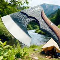 Hache de camping à lame large martelée à la main, manche en bois renforcé par rivets, outil de survie en plein air pour le bushcraft et la randonnée