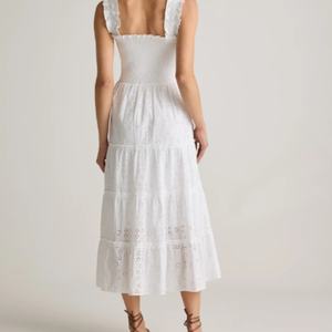 เดรสลำลองสีขาวสำหรับฤดูร้อน ขายดีสำหรับผู้หญิง ผลิตจากผ้าฝ้ายรักษ์โลก ความยาวปานกลาง แต่งลายปักตาไก่ ดีไซน์ธรรมชาติ - Product Image 4