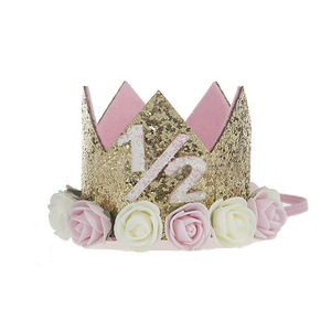 BD007 Baby Boy Girl Primer cumpleaños Corona Principito Princesa 1er cumpleaños Sombrero extensible Corona con decoraciones de flores - Product Image 3