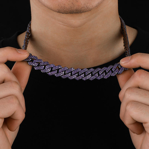 Mor Renkli Buzlu Görünümlü 18 Ayar Küba Zinciri Kolye Pirinç 5A Zirkon Hip Hop Takı Lüks Sokak Modası Erkek Toptan Satış Gösterişli Takı - Product Image 3