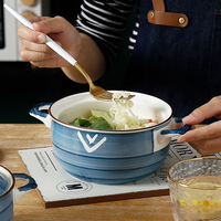 Bol à ramen de style japonais avec couvercle et poignée, double anse anti-brûlure, en céramique, pour la maison et les restaurants