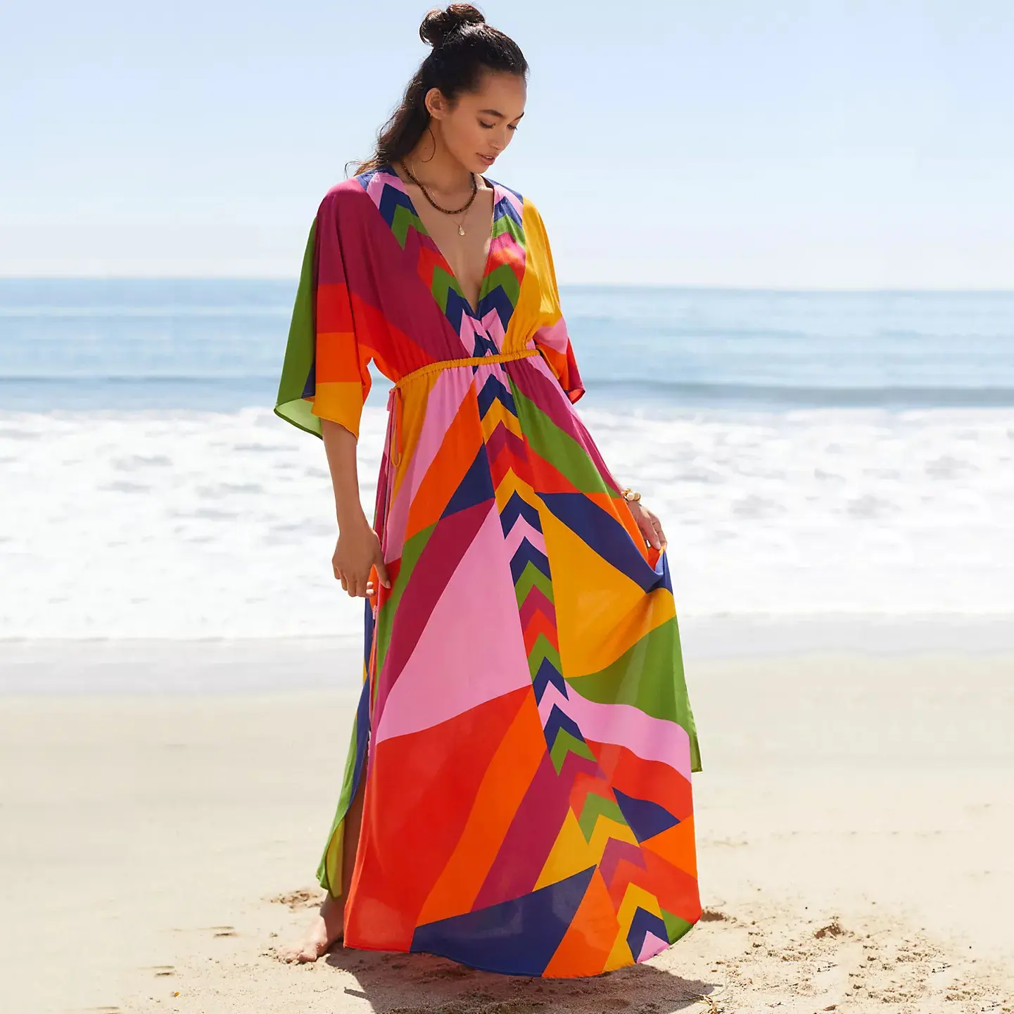 STOCK Women Beach Dress Drawstring Waist Cover Up Vacation Resort Wear