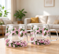 Tasse à café en verre double couche, design artistique moderne, avec fleurs séchées et véritables, effet sable mouvant, haute valeur esthétique
