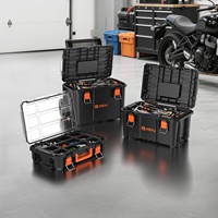 Boîte à outils carrée empilable Airaj en plastique étanche, robuste, avec double roulettes pivotantes, fermeture auto-agrippante et loquet métallique poli