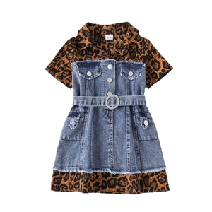 Abito in denim patchwork per ragazze, con volant, maniche corte, stampa leopardata, casual. - Product Image 6