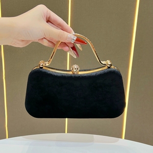 Pochette <span class=keywords><strong>da</strong></span> Sposa con Doppio Manico in Metallo e Diamanti, Borsa <span class=keywords><strong>da</strong></span> Damigella Elegante in Velluto Nero per Donna - Product Image 1