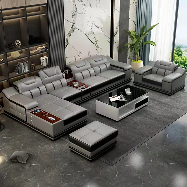 Smart L-Shaped Microfiber Leather Sectional Sofa Set with Bluetooth Speaker Wireless Charging Customizable Living Room Furniture