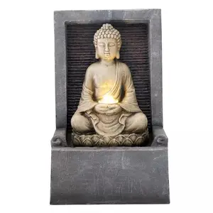 Polyresin Zittende Boeddha Standbeeld Fontein Outdoor Tuin Decoratie Meditatie Ontspanning Water Fontein Met Led Verlichting