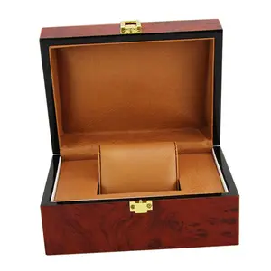 Custom LOGO Single Watch vintage wine red natural wooden jewelry wristwatch storage packaging gift leather luxury watch box