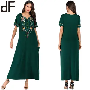 New Abaya Designs 2023 Fashion Luxury Abaya Embroidery Kaftan V Neck Cotton Green Ladies Muslim New Long Party Evening Dresses