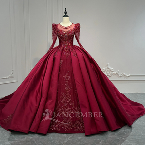 XS245 Vestido de Noche Tradicional Rojo de Manga Larga con Lentejuelas de Satén para Mujer - Product Image 3