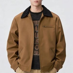 Мужская винтажная демисезонная куртка-бомбер на молнии из экологичного ветрозащитного флиса с контрастным отложным воротником, молодежная, комфортная, универсальная - Product Image 1