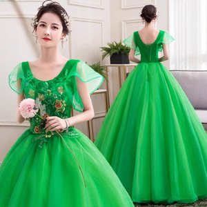 Emerald Green Evening Gown Scoop Neck Floral Print Tulle Dress For Wedding Banquet Performance Women - Product Image 1