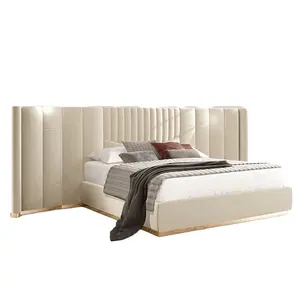 Роскошные наборы кроватей на заказ мебель для вилл и роскошных домов кровать бежевая кожаная деревянная рама для офиса и отелей
