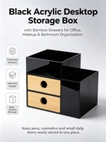 Boîte de rangement de bureau en acrylique noir avec tiroirs en bambou, porte-stylos latéral, organisateur multi-compartiments pour le bureau, le maquillage et la salle de bain