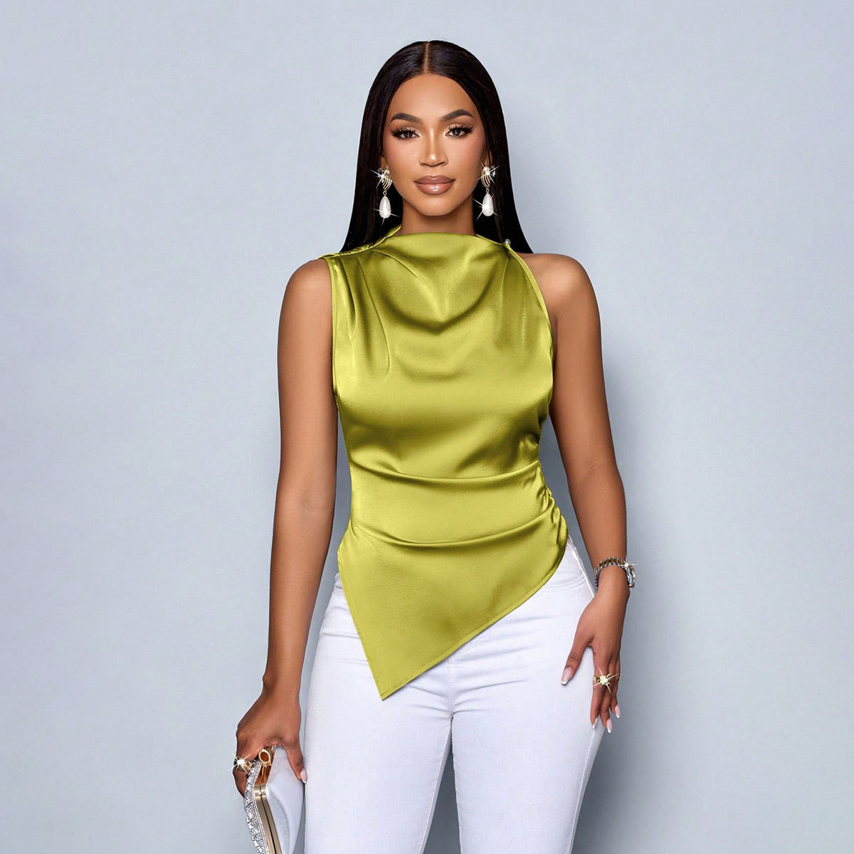Women's Summer Satin Shirt Asymmetrical Satin Blouse Unique and