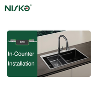 Évier de cuisine multifonctionnel Nisko 304 en acier inoxydable noir ou argenté, fait main, avec cascade intégrée