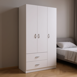 Armoire à trois portes Bosko, design moderne blanc, meubles de chambre à coucher avec deux tiroirs et poignées métalliques, autoportante - Product Image 2