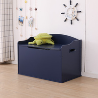 Banco de almacenamiento de madera clásico azul marino Austin con tapa con bisagras de seguridad, caja organizadora de juguetes de gran capacidad para niños