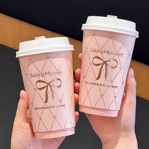 แก้วกระดาษสองชั้นแบบใช้แล้วทิ้ง ขนาด 12oz 16oz เป็นมิตรกับสิ่งแวดล้อม สำหรับเครื่องดื่มเย็น กาแฟร้อน พร้อมฝาปิด สำหรับงานปาร์ตี้ ขายส่ง - Product Image 1