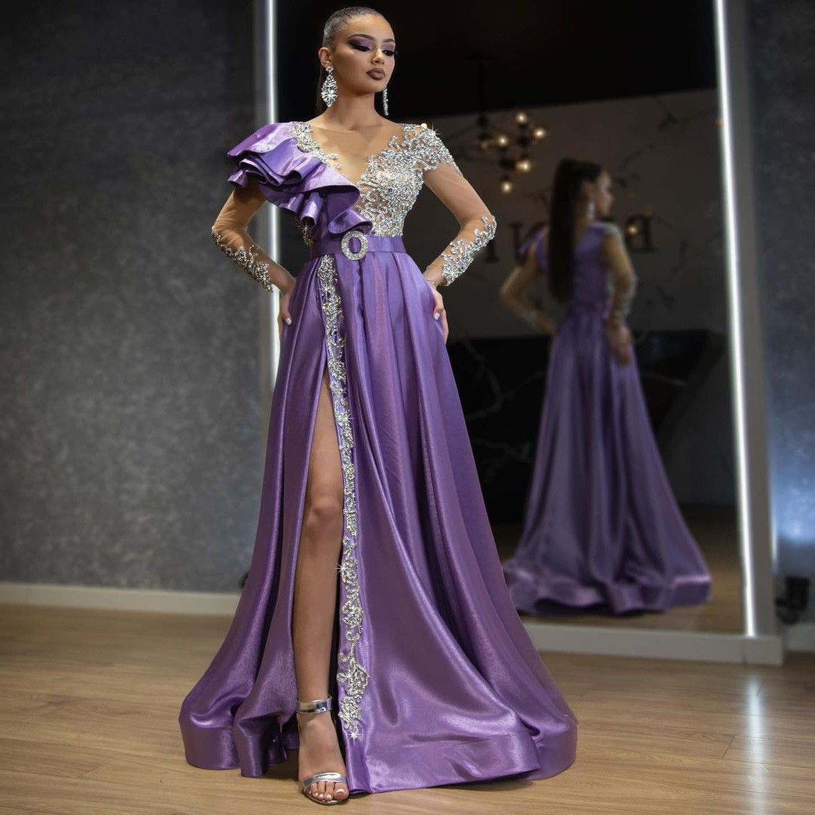 slim fit dress slacks Metallic Keyhole Spaghetti Strap Long Prom Dress with Slit, Purple / Custom Size main image 1