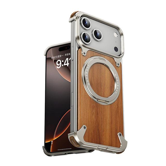 New Arrival Luxury Aluminum Metal Bumper Magnetic Ring Shockproof Phone Case with Wood Kickstand Holder for 17 Pro Max