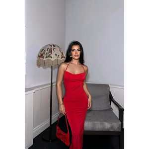 Robe de soirée rouge style bal, taille empire, avec décoration à volants, sequins, strass et drapé, pour occasions formelles, du XS au XL - Product Image 2