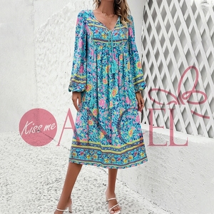 KISS ME ANGEL SM L XL Sommer lässig Strand Urlaub Druck V-Ausschnitt Bindung locker langärmeliges Kleid für Damen - Product Image 2