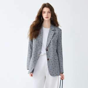 Women's Gray Floral Print Blazer Polyester Worsted Fabric Spring Autumn Style - Product Image 1